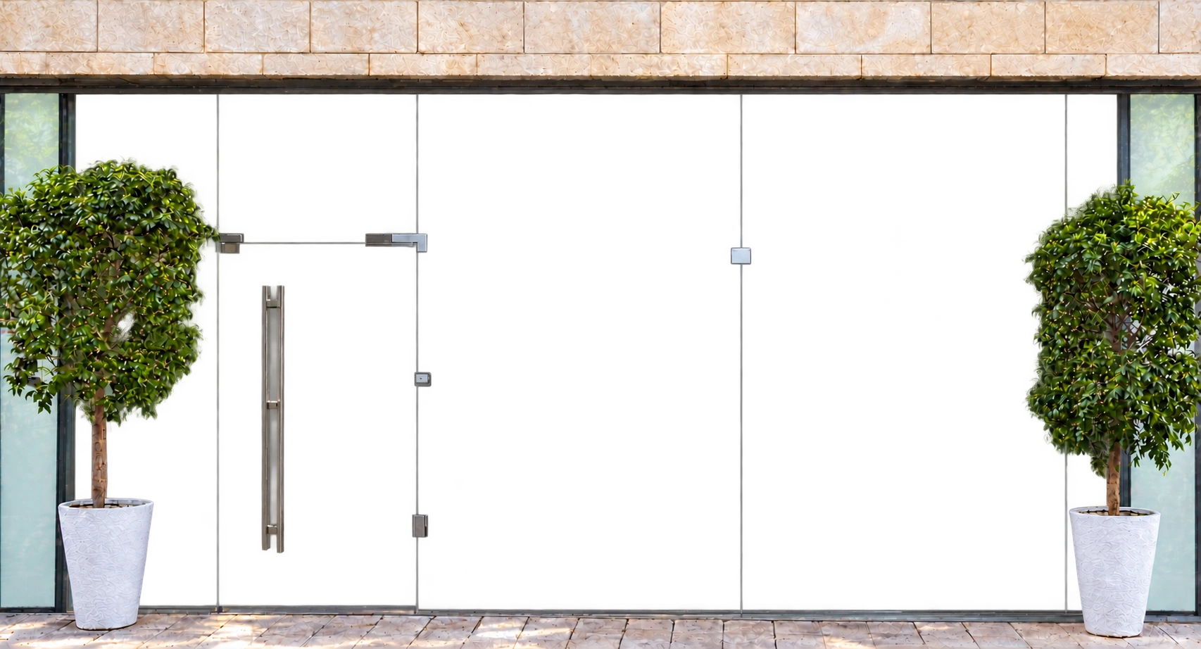 Photographic glass entrance showing the current virtual exhibition
